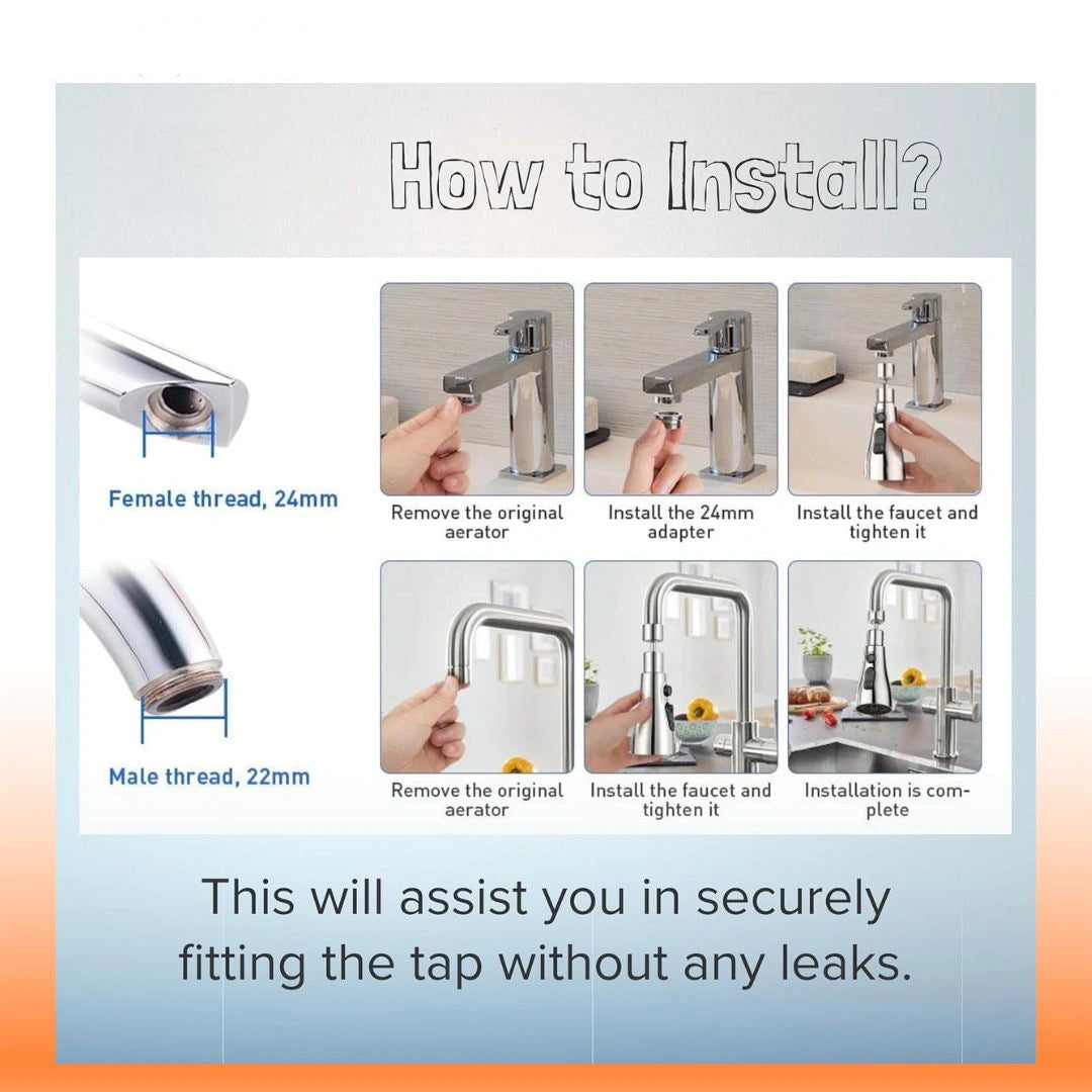 Step-by-step guide on how to install a faucet with labeled parts and actions.