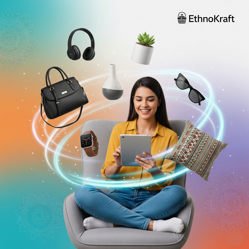 Woman using a tablet with various products around her on a colorful background, featuring the EthnoKraft brand.