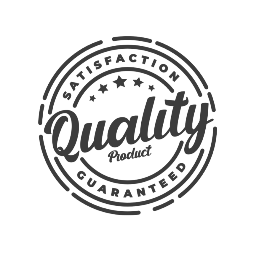 Black and white stamp-like graphic with 'Quality Product Guaranteed' text on a white background